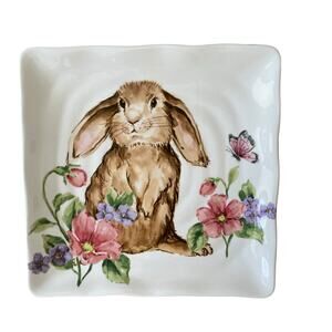 MAXCERA Easter Bunny Spring Floral Porcelain Salad Plates 9in Square Set 3 NEW